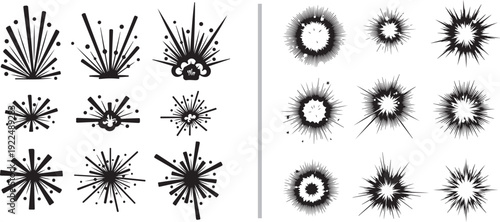 A comprehensive vector collection featuring celebratory crowd silhouettes, exploding firework rockets, comic-style "POW" blasts, and various hand-drawn starbursts and decorative sparkles.