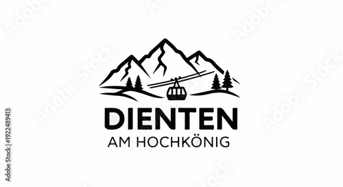 Mountain peaks with cable car, pines, and text below