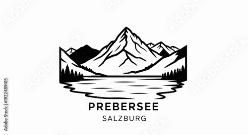 Mountain range reflected in a lake with trees and text below