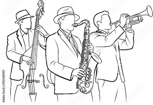 Musicians in suits playing jazz instruments, a trio