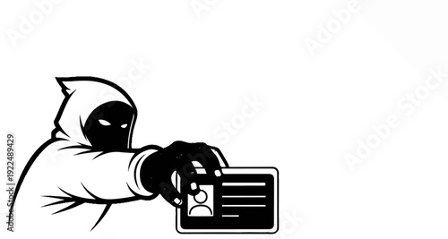 Mysterious figure in a hooded cloak holds out an identification card for scrutiny