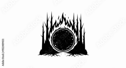 Mystical portal surrounded by barren trees and flames, showing a cosmic swirl