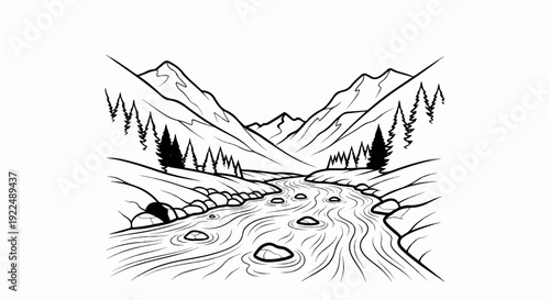 Mountain valley with a winding river and rocky shores, lined by evergreen trees