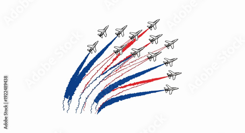 Multiple jets perform aerial maneuvers, leaving red and blue smoke trails