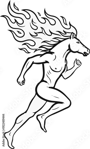 Mythical centaur-like creature with fiery mane in mid-stride