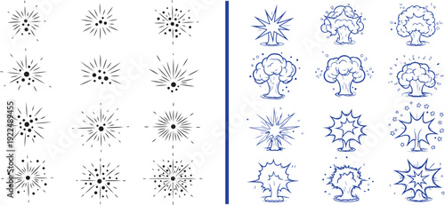 A comprehensive vector collection featuring celebratory crowd silhouettes, exploding firework rockets, comic-style "POW" blasts, and various hand-drawn starbursts and decorative sparkles.
