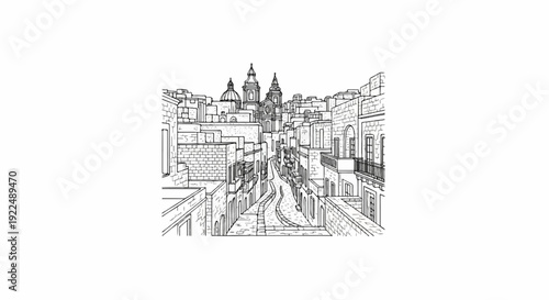 Narrow cobblestone street winding between stone buildings towards twin-domed church