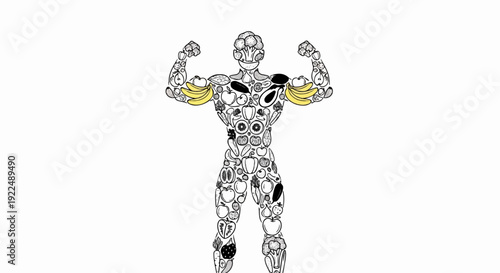 Muscular human body formed by a collage of fruits and vegetables