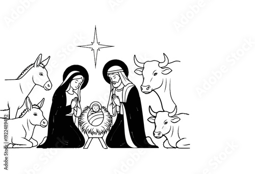 Nativity scene with figures of Mary, Joseph, baby Jesus, animals, and star