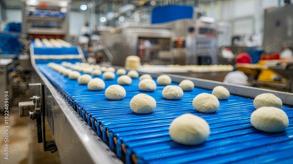 Fototapeta premium Automated Food Production Line with Dough Balls on Conveyor Belt