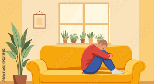 Man sitting alone on yellow couch in living room with plants near window, viewed from the side.