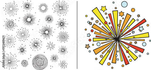 A comprehensive vector collection featuring celebratory crowd silhouettes, exploding firework rockets, comic-style "POW" blasts, and various hand-drawn starbursts and decorative sparkles.