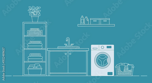 Laundry room interior illustration with washing machine, cabinet, sink, and laundry basket viewed from the front