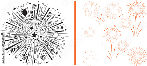 A diverse vector collection featuring stylized firework bursts, hand-drawn sparkles, comic-style explosions, and party crowd silhouettes. Includes both minimalist line art and vibrant color icons.