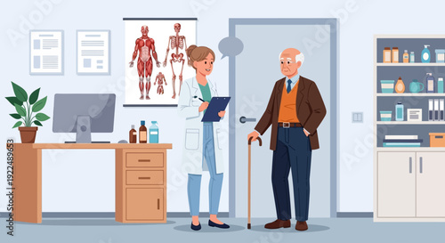 Doctor consulting with elderly patient in a well-equipped medical office setting