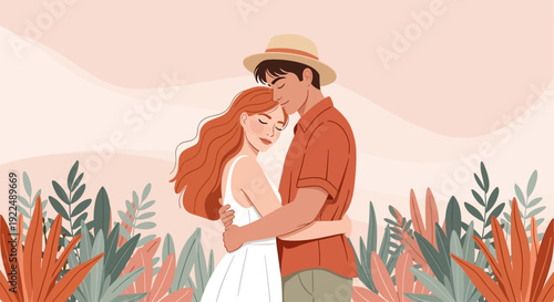 Couple embracing in a serene garden surrounded by lush greenery and vibrant flowers