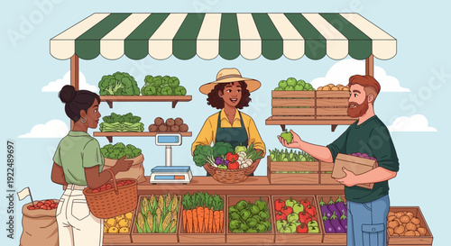 Farmer selling fresh produce to customers at an outdoor market stall with various fruits and vegetables on display