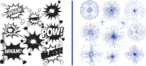 A diverse collection of celebration vectors featuring firework bursts, starbursts, comic-style explosions with action text, and festive crowd silhouettes with confetti and balloons.