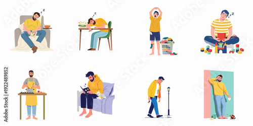 Collection of men depicting fatigue, exhaustion, boredom, and sleepiness in various daily activities and settings, illustrating common challenges of modern life and well-being.