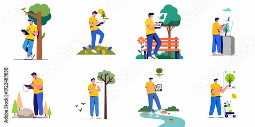 Artist sketching and painting trees in diverse natural landscapes, showcasing creativity and appreciation for the environment.