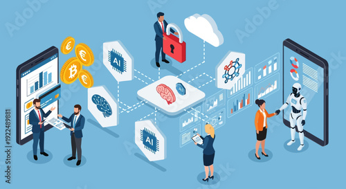 Professionals collaborate with AI assistant on financial data analysis using mobile devices in modern office environment from an aerial viewpoint