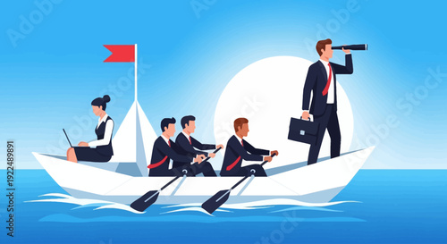 Business team navigating a boat together, sailing across the calm ocean, viewed from a distance with a clear blue sky