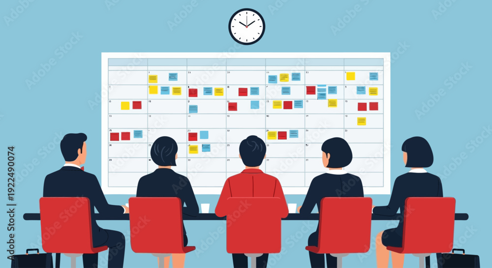 Obraz premium Team Collaboration and Planning Session in a Modern Office Setting with a Large Whiteboard and Clock