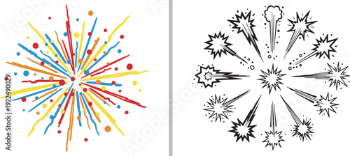 A diverse vector collection featuring stylized firework bursts, hand-drawn sparkles, comic-style explosions, and party crowd silhouettes. Includes both minimalist line art and vibrant color icons.