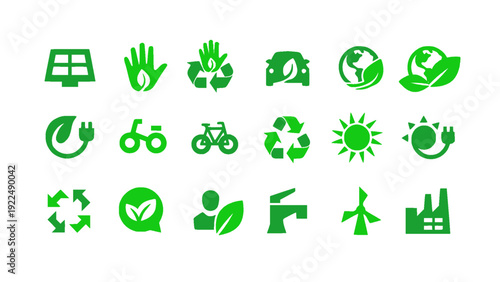 Comprehensive green energy and sustainable development icon collection. Includes solar energy, wind power, electric mobility, recycling, plant growth, and environmental protection elements.