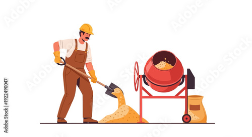 Construction worker mixing cement in a drum mixer on a construction site