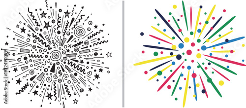 A split vector featuring a detailed black-and-white firework burst with streamers and stars next to a vibrant radial explosion of colorful dots and sharp multicolored rays.