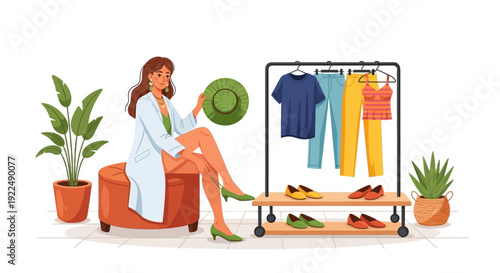 A young woman sitting on an orange couch surrounded by clothing and plants, choosing an outfit with a hat in hand.