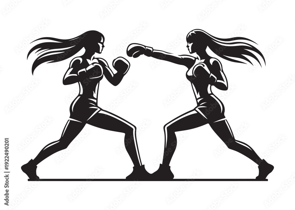 Obraz premium two woman boxer logo silhouette vector, woman in boxing gloves silhouette vector illustration, boxing woman logo silhouette, powerful female boxer logo vector silhouette on white background