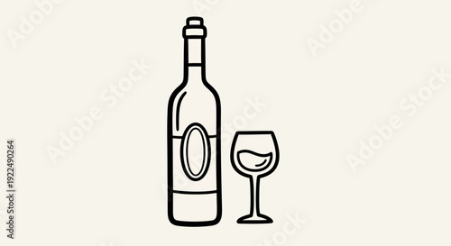 Simple line illustration of a wine bottle and glass on a plain background viewed from the side