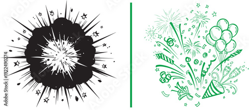 High-contrast vector set featuring white firework bursts and pyrotechnic displays on a black background. Detailed radiating lines create a sense of glowing celebration and explosive light.