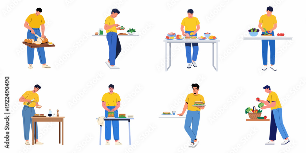 Fototapeta premium Man Preparing Sandwiches and Meals: A Step-by-Step Culinary Journey, showcasing healthy ingredients and home cooking processes.