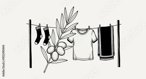 Laundry hanging on a clothesline with olive branch and fruits outdoors