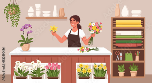 A florist arranging flowers at a counter surrounded by potted plants and floral supplies in a shop