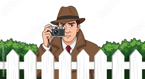 Man in brown coat and hat taking picture over white fence in garden