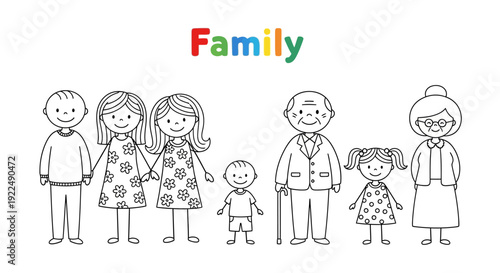 Multigenerational family standing together in a line drawing illustration from a straightforward front viewpoint