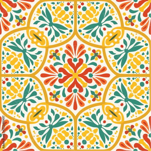 Azulejos ceramic tile design. Talavera tracery motif. Unique creative endless fill swatch.