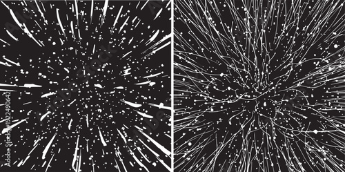 High-contrast vector textures featuring white particles and radiating speed lines on a black background. Perfect for creating hyper-speed space travel effects or abstract energy fields.
