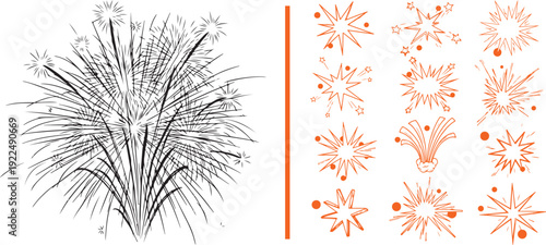 A black-and-white vector set featuring a dense, grassy firework plume alongside a grid of twelve orange-outlined starbursts and explosive action bubbles with scattered dots.