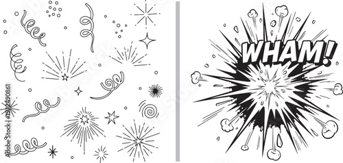 A black-and-white vector featuring a collection of festive streamers and starbursts next to a large, high-contrast comic-style explosion labeled with a bold "WHAM!" text element.