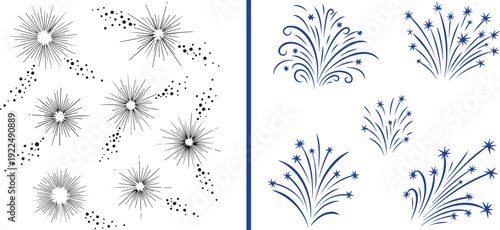 A collection of dynamic starburst and firework vectors. Features circular black-and-white radial sparks with trails and elegant blue swirling firework plumes on a clean white background.