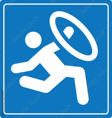 Blue sports sign with white pictogram of an athlete performing rhythmic gymnastics with a hoop