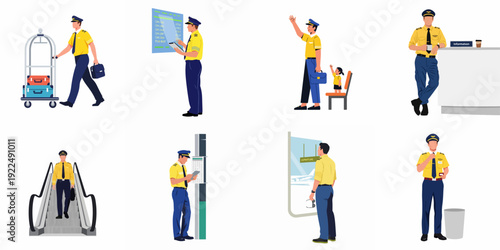 Airport pilot activities: A collection of vector illustrations depicting a pilot's duties, travel, family interactions, and breaks in an airport environment.