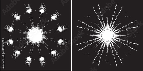 High-contrast vector set featuring two white radial starbursts on a black background. One shows a circular pattern of ten small flares, while the other features sharp, elongated light rays.