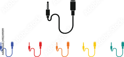 Audio Cable Jack Icon Set with Auxiliary and USB Connector Symbols in Colorful Styles for Music Technology and Device Connection Design