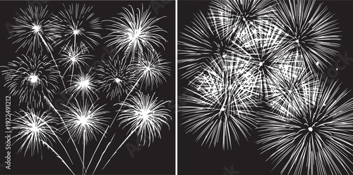High-contrast vector illustration of white firework bursts and exploding pyrotechnics on a black background. Detailed, radiating linear strokes create a dynamic sense of light and celebration.